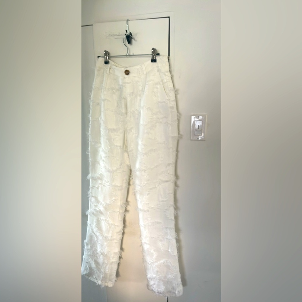 White Textured Fringe Pants